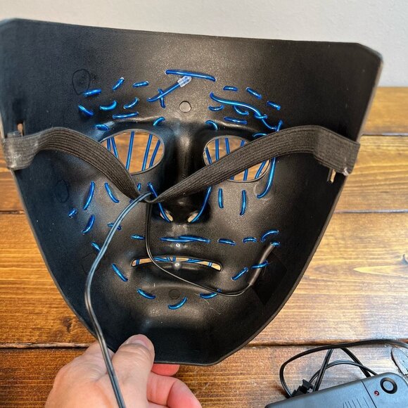 Light Up Blue Wire Horror Movie Halloween Mask Stitched Mouth and Eyes - Picture 2 of 11